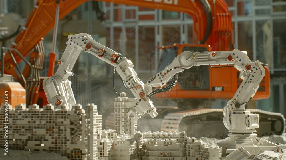 Poster a robot team lays bricks efficiently and accurately, capturing the future of construction.