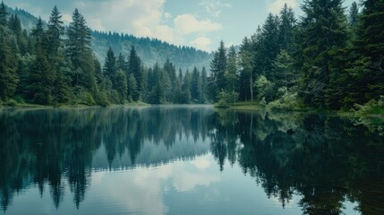 Obraz premium A serene lake with a reflection of the forest.