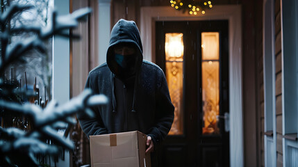Fototapeta premium Hooded Package Thief Caught Red-Handed on Doorstep pirate doorstep stealing