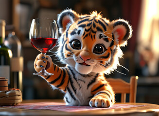 A cute little tiger is drinking red wine