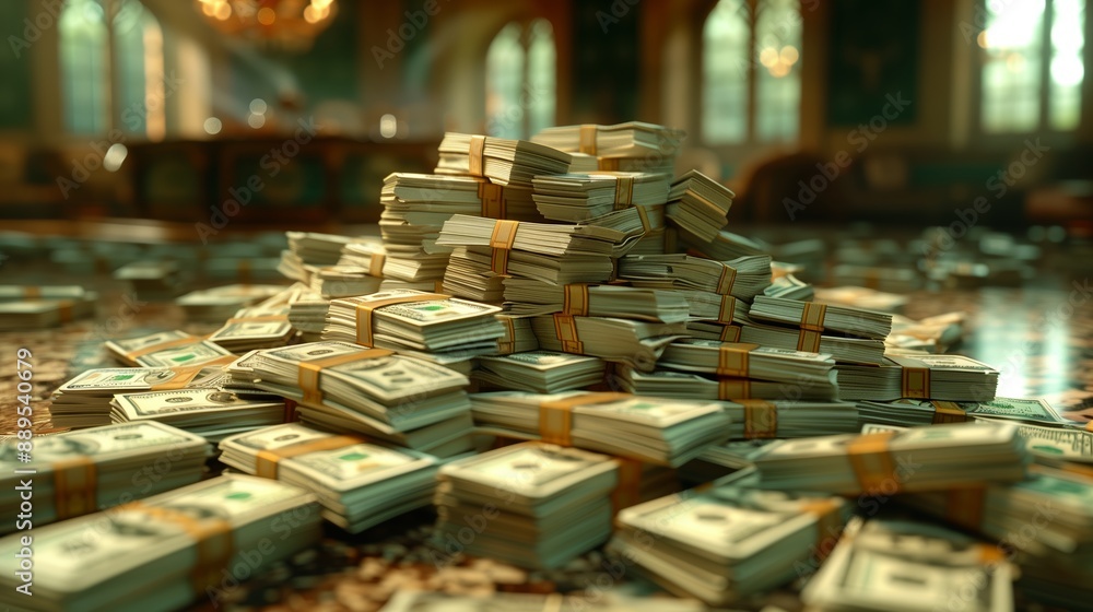 Poster large stack of us currency in a luxurious setting