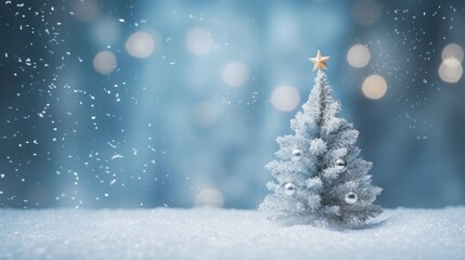 Christmas tree in the snow with bokeh background.