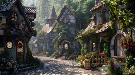 Fototapeta premium Fantasy village with whimsical houses and cobblestone