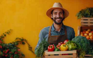 Fototapeta premium Farmer gathering and holding wooden box full of fresh, raw vegetables on farm. Growing organic food concept, grocery produce. Basket with vegetables in the farmer hands. Realistic style photo