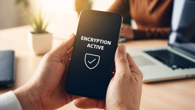 Hand holding smartphone displaying encryption active message, close-up view of phone screen with security status, mobile security app interface, cybersecurity concept for encrypted data protection