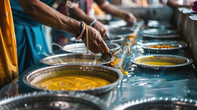 A person performing seva (selfless service) at a gurdwara