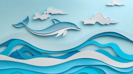 2. "A whimsical paper cut design of a playful dolphin leaping through layered waves on a turquoise background