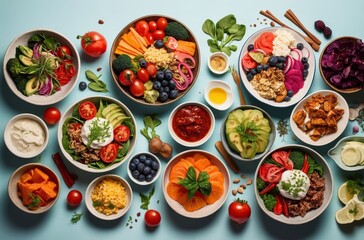 Top view of various colorful and healthy food bowls arranged on light blue background