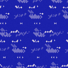 Faded electric blue glitch geo washed effect seamless pattern. Indigo dye grungy blotched distress abstract background texture repeat. 