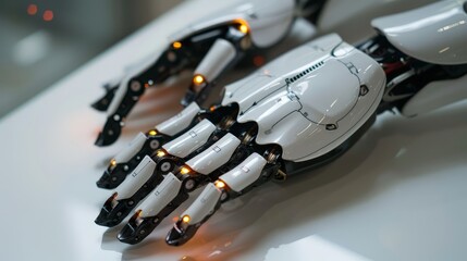 Close-up of advanced robotic arm with intricate details and illuminated components, showcasing the future of artificial intelligence and technology.