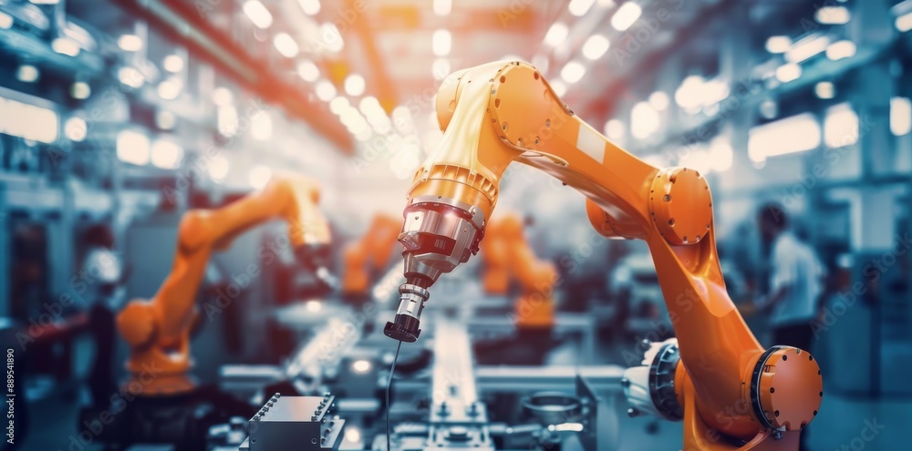 Poster assembly line robots boost factory productivity and efficiency. human supervision ensures food safet