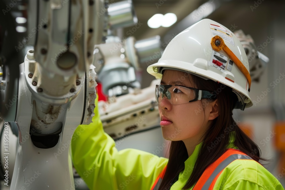 Poster engineer working on the assembly of robot arms in the robotic factory industry using advanced techno