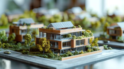 A 3D architectural model of a contemporary apartment complex, highlighted by ecofriendly features such as solar panels, on a digital interface