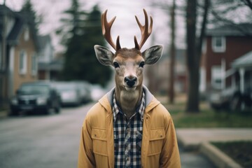 Hipster deer walking around the city on the street.