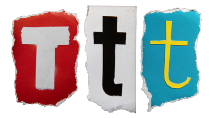 T alphabet torn from a magazine paper. Ransom note style letters.
