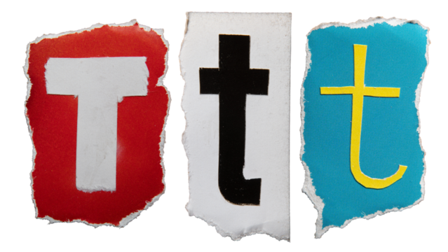 T alphabet torn from a magazine paper. Ransom note style letters.