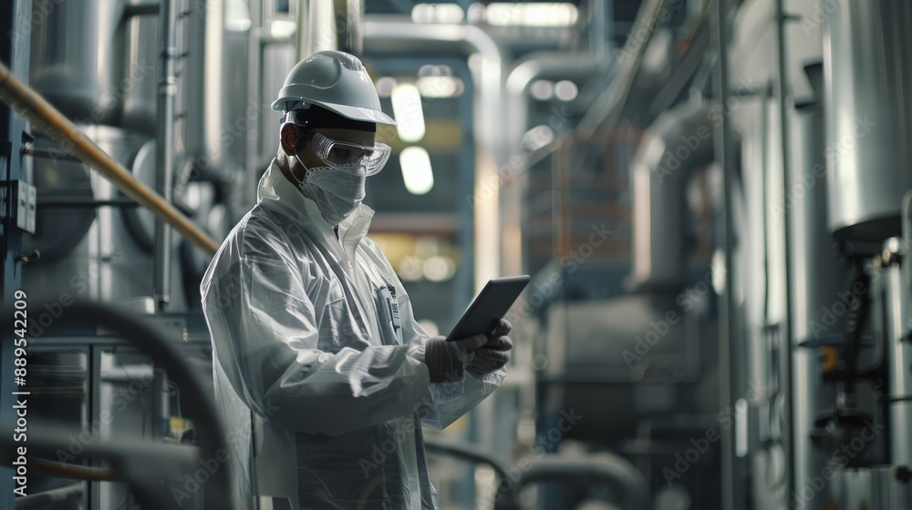 Poster a technician uses a tablet to inspect real-time machine status in a smart factory for automotive ind