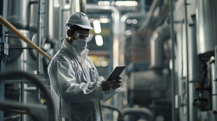A technician uses a tablet to inspect real-time machine status in a smart factory for automotive industry. A robot arm machine is in operation. Welding robots are in use.