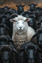 A single white sheep looks directly at the camera while standing amidst a flock of black sheep, illustrating the concept of standing out
