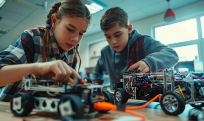 Group of diverse kids building robot cars using computers. Multicultural kids coding robot vehicles at STEM education table. Stock image.