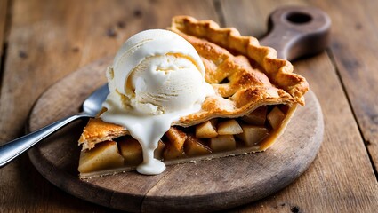 Slice of Apple Pie with Vanilla Ice Cream on Rustic Wooden Kitchen Board, Showcasing Golden Flaky Crust and Creamy Melting Ice Cream!