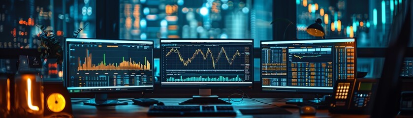 Financial trading data is meticulously analyzed across multiple computer screens in a dark, modern office setting