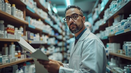 Fototapeta premium A man in a white lab coat is standing in a pharmacy aisle, holding a piece of paper. He is reading something, possibly a prescription or a label. Concept of professionalism and focus