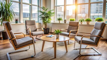Fototapeta premium A serene, professional office setting with empty chairs, a therapist's notepad, and a calm ambiance, evoking trust and emotional support.
