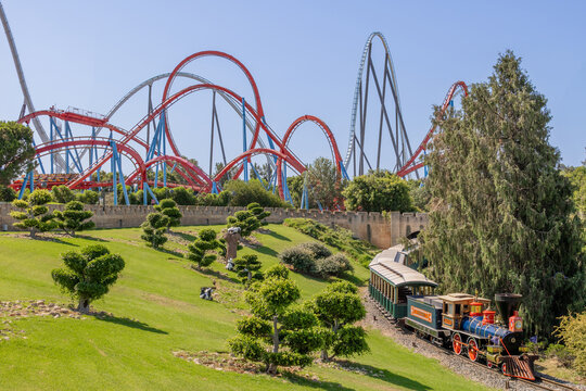 Portaventura theme park near Barcelona in Spain.. Portaventura Theme Park on the outskirts of Salou in Spain. Mediterranean tourist destination for families with outdoor roller coasters. 