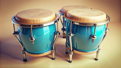 Vibrant blue bongos sit atop a soft, pale background, intricately detailed in a stunning 3D illustration, showcasing Afro-Cuban musical heritage.