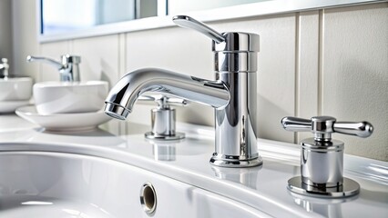 Gleaming modern bathroom fixtures featuring sleek silver faucet and drain symbols on a crisp white background.