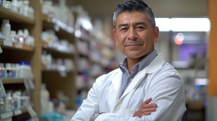 Fototapeta premium A man in a white lab coat stands in a pharmacy with his arms crossed. He is smiling and he is proud of his work