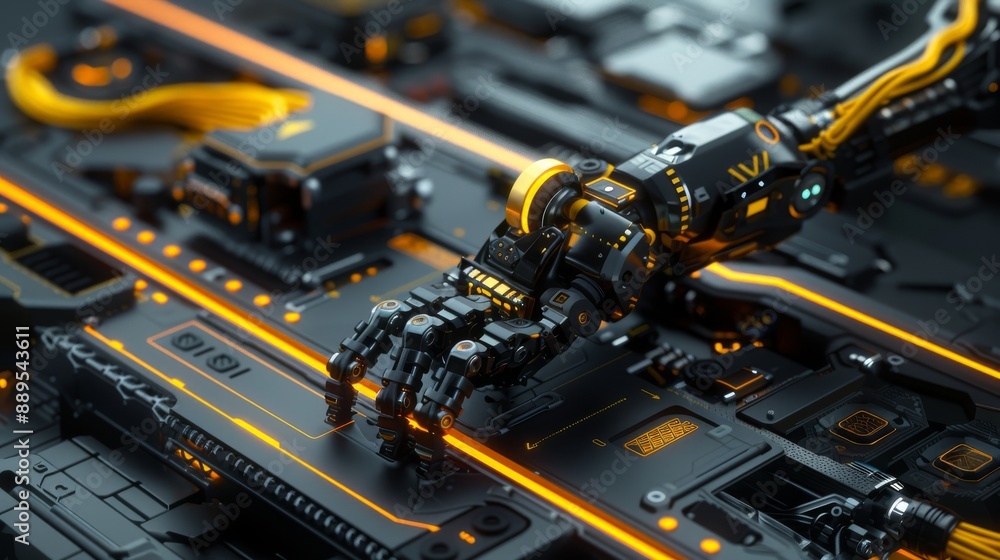 Poster an assembly line with yellow industrial robots in a modern factory setting, featuring a row of yello