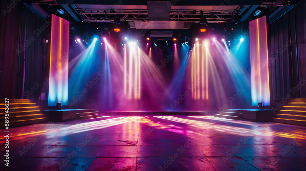 Poster banner background of an empty stage with colorful spotlights and copy space