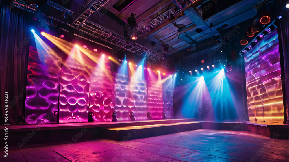 Poster banner background of an empty stage with colorful spotlights and copy space