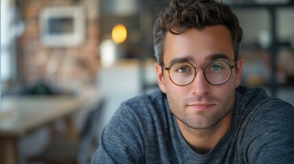 Obraz premium A young man with glasses looks intently at the camera