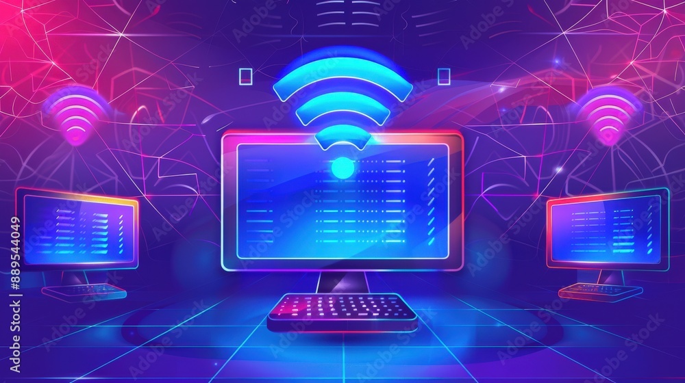 Poster a computer monitor with a blue screen and a wi-fi symbol. the monitor is surrounded by three other m
