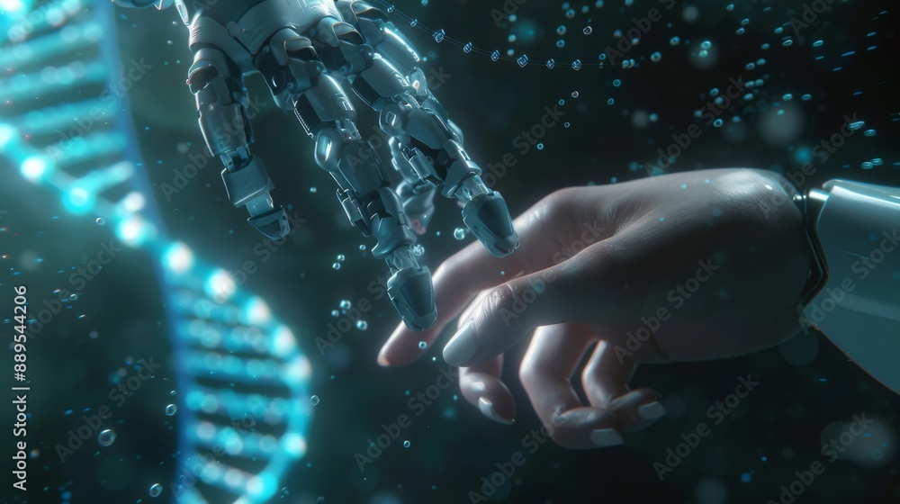 Poster touching the dna that connects human and robot in a virtual interface in the future, a concept for s
