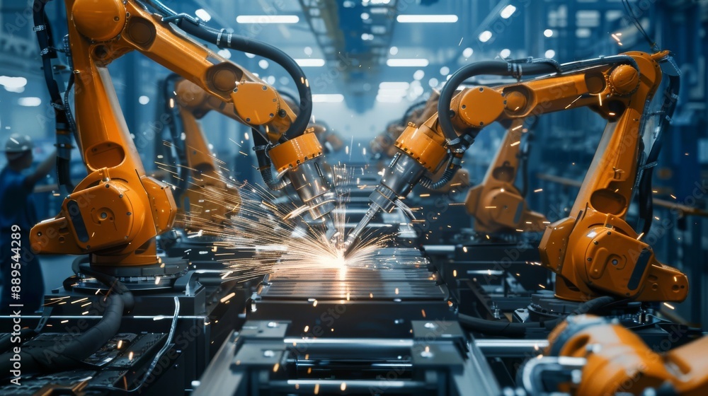 Poster in an intelligent factory, robot arms machines are controlled by real-time monitoring software. robo