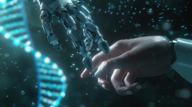 Touching the DNA that connects human and robot in a virtual interface in the future, a concept for science and innovation.