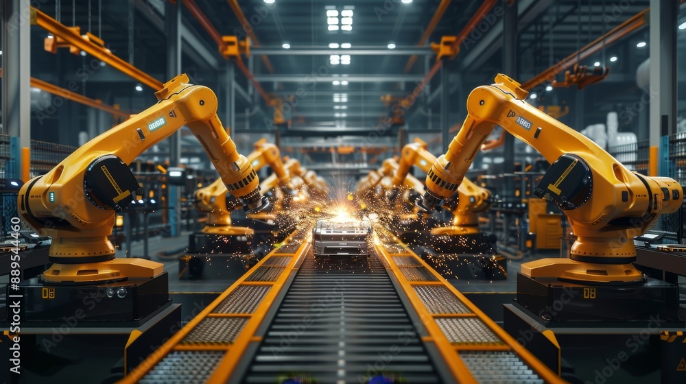 Poster several orange robots are working together in a factory, surrounded by other robots. sparks fly from