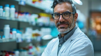 Fototapeta premium A man in a white lab coat stands in front of a pharmacy shelf. He is smiling and he is a pharmacist