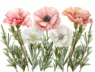 romantic bouquet with pink carnations, white anemones, and sprigs of rosemary, isolated on a white background.