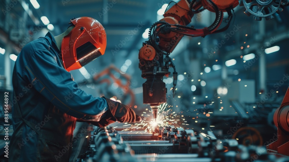 Poster a robot welding engineer team works in an automation factory. a worker in a safety suit works on a r