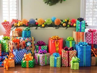Fototapeta premium Holiday gift wrapping station with colorful paper, ribbons, and bows, ready for Christmas