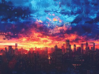 Fototapeta premium An urban sunset over a bustling city skyline