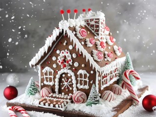 Gingerbread house with intricate icing decorations, candy canes, and snowy surroundings