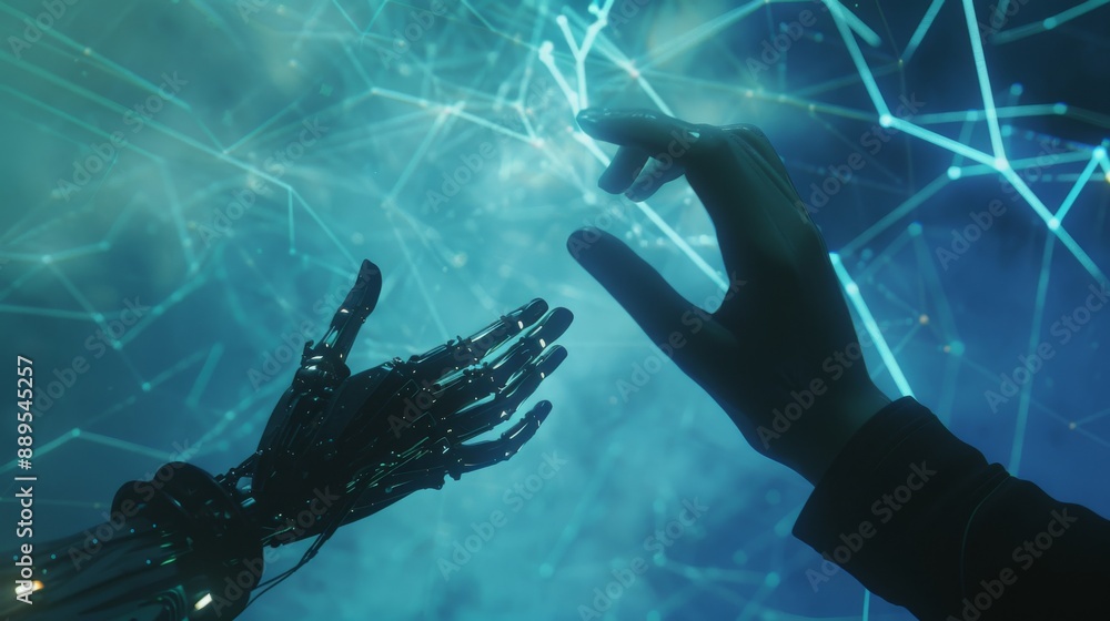 Poster human-robot hands connecting with holographic data streams in the background, showing the collaborat