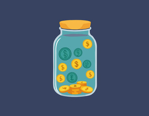 Glass jar with coins inside, bank with money, financial question, saving money vector illustration