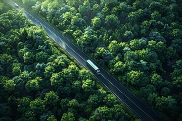 Aerial top view of a car and a hydrogen energy truck driving on a highway road. Generative AI